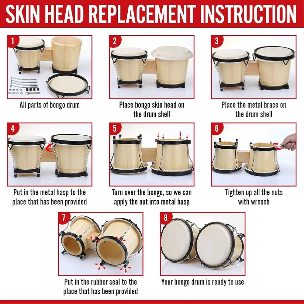 Bongo Drum Replacement Head, Skin, Cover Set 8.5
